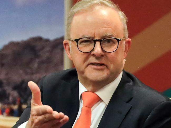 This handout picture released by the Peruvian news agency Andina shows Australia's Prime Minister Anthony Albanese talking Peru's President Dina Boluarte (not depicted) during a bilateral meeting on the sidelines of the APEC Summit at the Convention Centre in Lima, on November 14, 2024. (Photo by Handout / ANDINA / AFP) / RESTRICTED TO EDITORIAL USE - MANDATORY CREDIT "AFP PHOTO / ANDINA " - NO MARKETING - NO ADVERTISING CAMPAIGNS - DISTRIBUTED AS A SERVICE TO CLIENTS