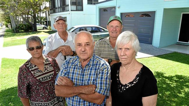 Les Sperling (C) and a number of other Omrah Ave residents have come up with alternative plans for the Caloundra Masterplan, which would save their homes being acquired by council. He&#39;s joined by Diane Taylor, Jim Street, Kelvin Taylor and Loella Sperling. Picture: Warren Lynam