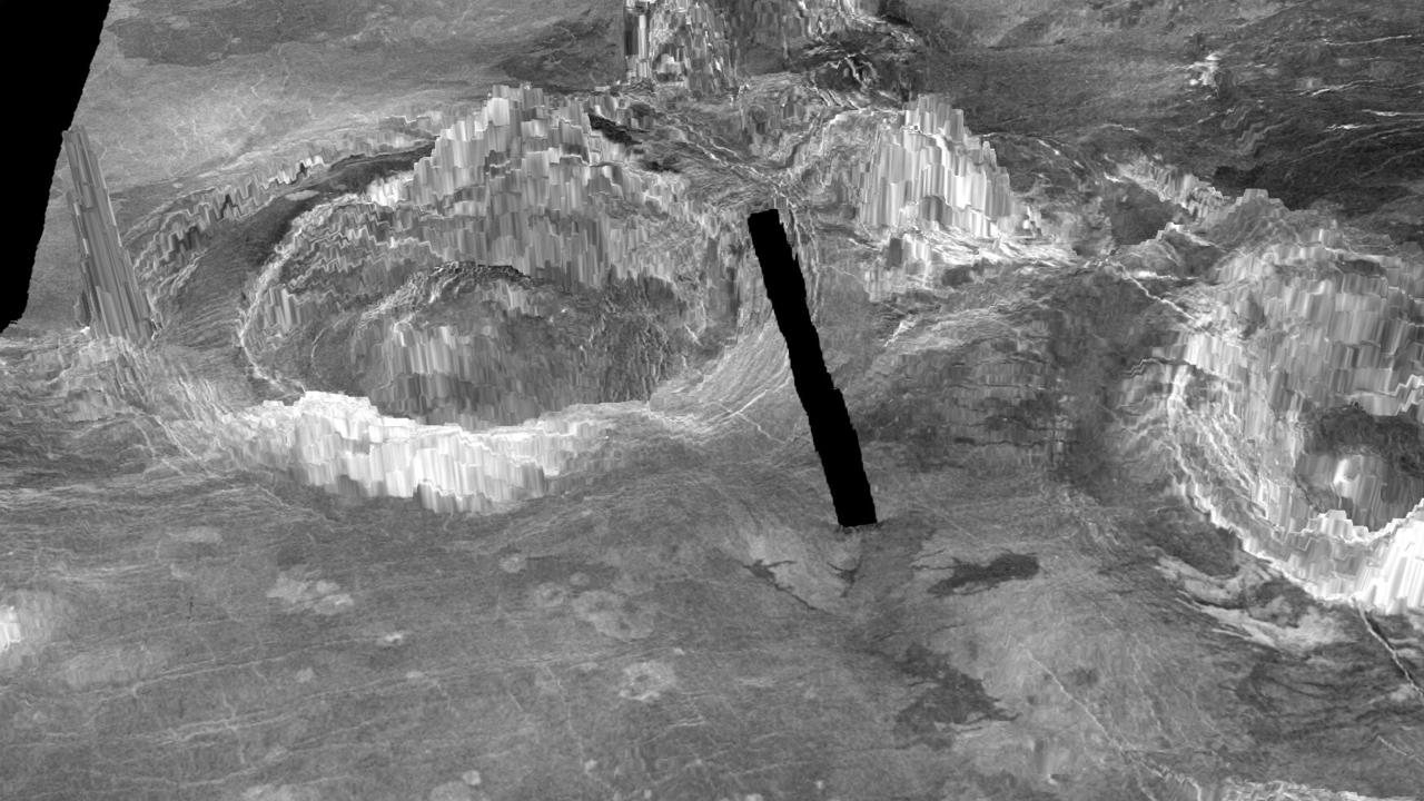 A 3D rendition of two coronae on the surface of Venus. The ringlike structures are formed when hot material from inside the planet rises through the mantle and erupts through the crust. The black line is a gap in the modelling data. Picture: University of Maryland/Laurent Montési