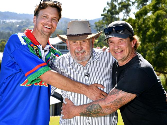 Rescuers Brad Hornby and Dale Howard with Walter Behr.Walter Behr went missing in the bush earlier this week but was found overnight. Wednesday June 5, 2024. Picture, John Gass