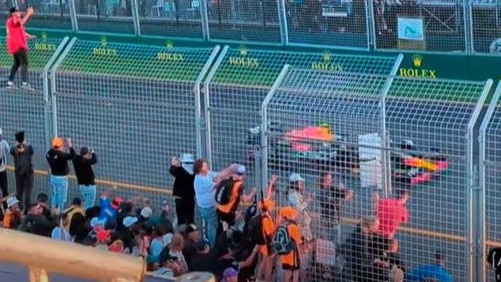 One spectator climbs the safety barrier as several others enter the track proper through a narrow gap. Picture: YouTube