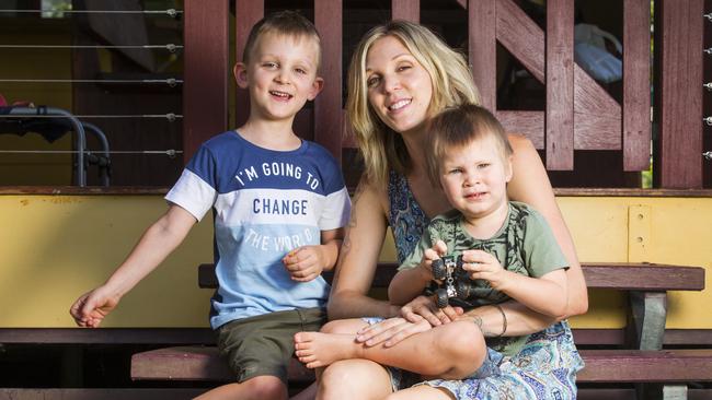 Brittany Cervantes with her two sons Eli 4, and Lucas 2, at their Agnes Waters home. Picture: Lachie Millard