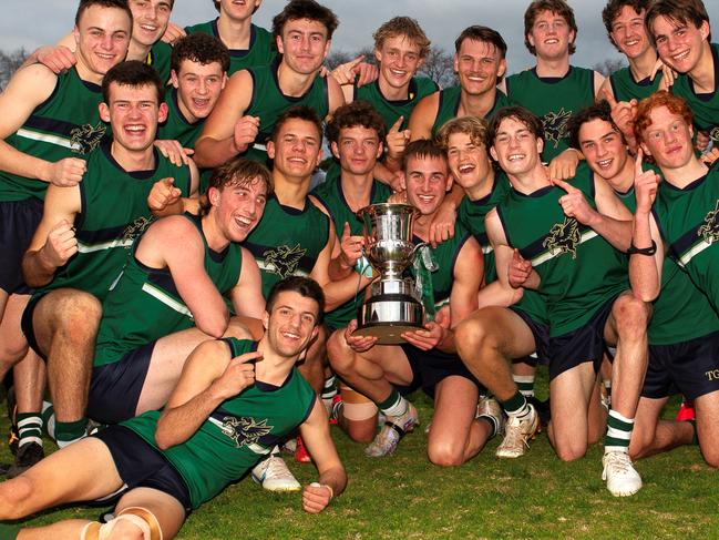 Geelong College boys celebrating their derby win last year. Picture: Geelong College