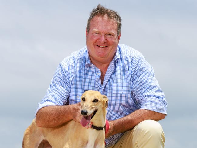 Daily Telegraph. 11, January, 2024.GRNSW CEO boss Rob Macaulay with Ginger at Sydney Airport, today. Ginger is the 500th greyhound bound for the USA.Picture: Justin Lloyd.