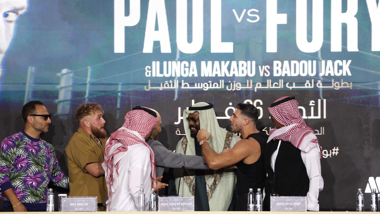 Things got heated between Jake Paul (Second from left) and Tommy Fury (Second from right) during the Press Conference for their upcoming fight. (Photo by Francois Nel)