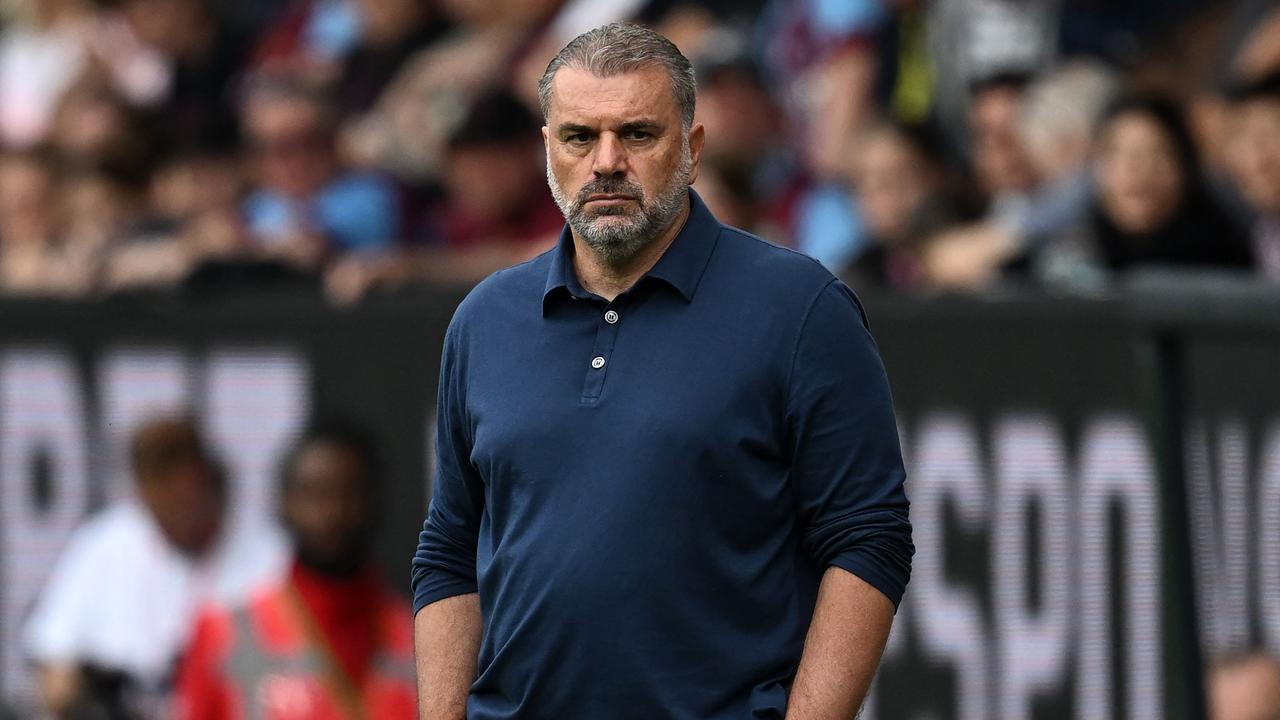 Tottenham Hotspur's Greek-Australian Head Coach Ange Postecoglou reacts to hsi team scoring during the English Premier League football match between Burnley and Tottenham Hotspur at Turf Moor in Burnley, north-west England on September 2, 2023. (Photo by Paul ELLIS / AFP) / RESTRICTED TO EDITORIAL USE. No use with unauthorized audio, video, data, fixture lists, club/league logos or 'live' services. Online in-match use limited to 120 images. An additional 40 images may be used in extra time. No video emulation. Social media in-match use limited to 120 images. An additional 40 images may be used in extra time. No use in betting publications, games or single club/league/player publications. /