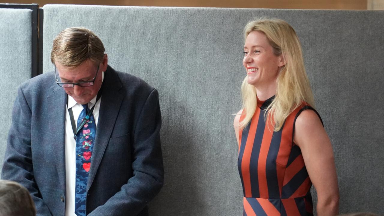 Toowoomba councillors (from left) Kerry Shine and Rebecca Vonhoff wait for the start of the council election ballot draw, 2024.