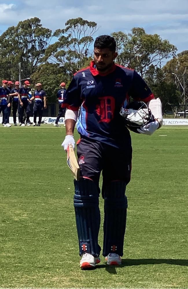 Gehan Seneviratne walks off after his defiant 44 not out.