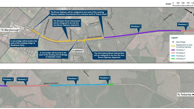 Project map: Bruce Highway (Maryborough to Gin Gin), Saltwater Creek and Deadmans Gully. Picture: Department of Transport and Main Roads