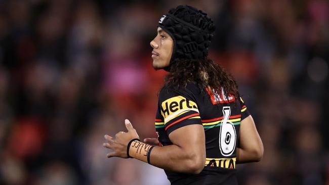 PENRITH, AUSTRALIA – AUGUST 04: Jarome Luai of the Panthers warms up ahead of the round 23 NRL match between Penrith Panthers and Melbourne Storm at BlueBet Stadium on August 04, 2023 in Penrith, Australia. (Photo by Jason McCawley/Getty Images)