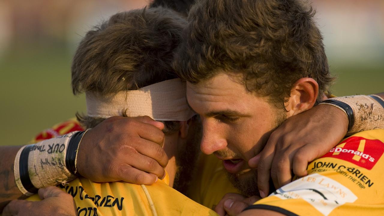 Scott Cubit celebrates with Ben Reuter after Ben's try for Gatton. Photo: Kevin Farmer