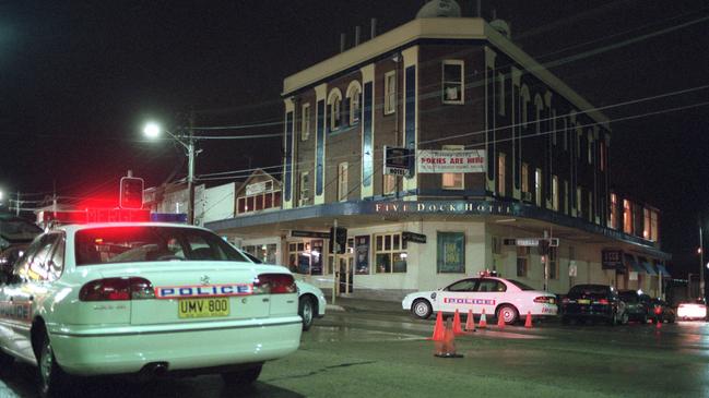 Police at the scene of the deadly shooting outside the Five Dock Hotel. File picture