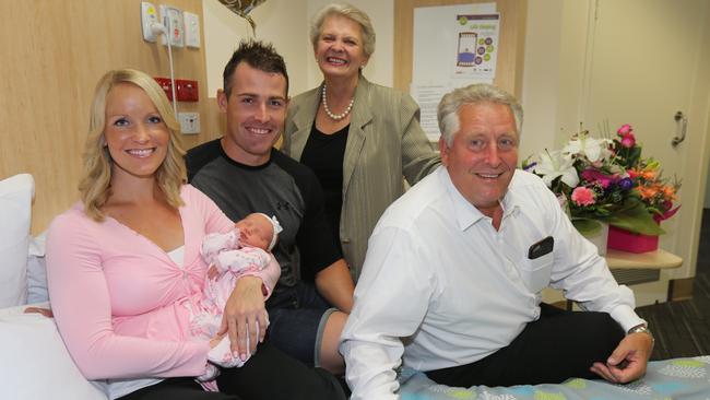 Pictured at the John Flynn Hospital, Ben Hannant's sister Jess Bemrose and her husband Adam Bemrose their new born baby girl Charlotte Bemrose and Jess's parents Pamela and Ralph Hannant. Charlotte is their 50th grandchild . Picture Mike Batterham