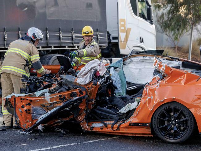 MELBOURNE, AUSTRALIA - NewsWire Photos  JUNE  4, 2025: Emergency services at the scene of a fatal collision in Truganina where a luxury sprts car has driven into the back of a parked truck.  Picture: NewsWire / David Geraghty