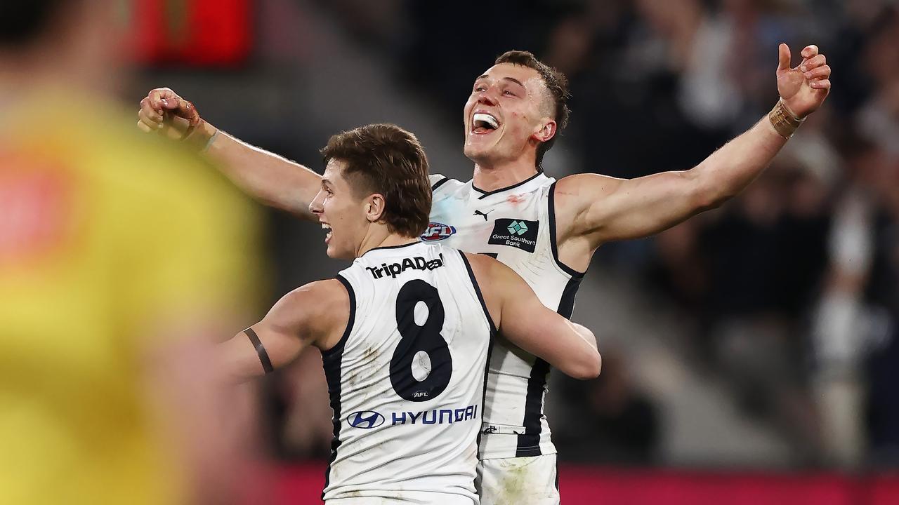 Patrick Cripps and Lachie Fogarty celebrate on the final siren. Picture: Michael Klein.