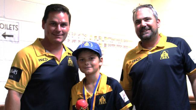 Todd Keogh and Alastair Lewis congratulate Jai Durie on his 5 wicket Haul. Picture: Supplied