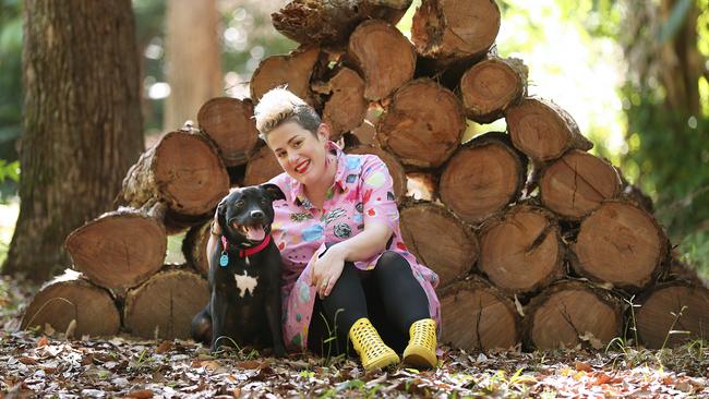 Katie Noonan with dog Sassy at her home in the Sunshine Coast hinterland. Picture: Lyndon Mechielsen