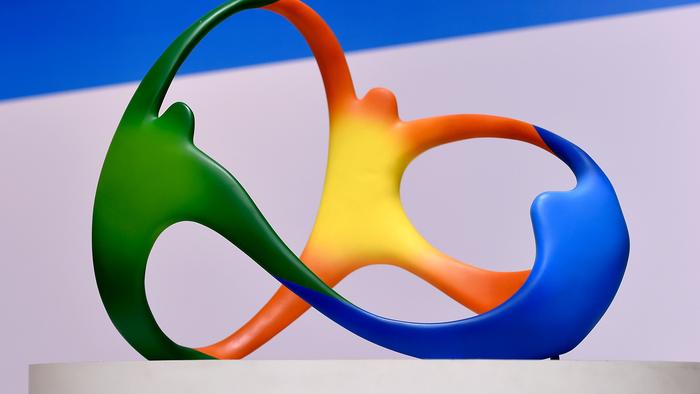RIO DE JANEIRO, BRAZIL - AUGUST 04: The official logo for the Rio 2016 Olympics games displays during a press conference of Two Years to Go to the Rio 2016 Olympics Opening Ceremony on August 4, 2014 in Rio de Janeiro, Brazil. (Photo by Buda Mendes/Getty Images)