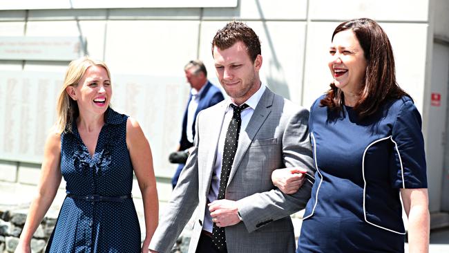 Kate Jones, Jeff Horn and Annastacia Palaszczuk enjoying the spoils of victory. Pic Annette Dew