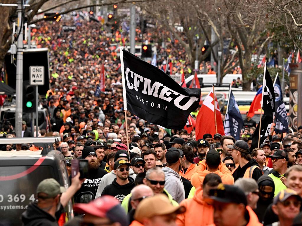 Tens of thousands of tradies walked off the job on Tuesday. Picture: William West/AFP