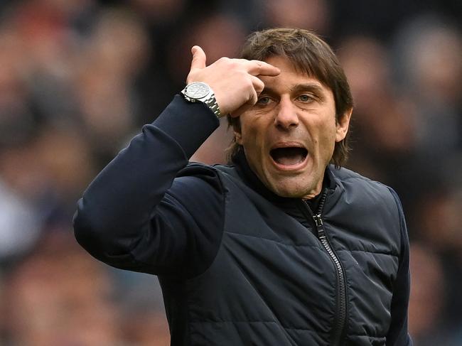 Tottenham Hotspur's Italian head coach Antonio Conte gestures on the touchline during the English Premier League football match between Tottenham Hotspur and Nottingham Forest at Tottenham Hotspur Stadium in London, on March 11, 2023. (Photo by JUSTIN TALLIS / AFP) / RESTRICTED TO EDITORIAL USE. No use with unauthorized audio, video, data, fixture lists, club/league logos or 'live' services. Online in-match use limited to 120 images. An additional 40 images may be used in extra time. No video emulation. Social media in-match use limited to 120 images. An additional 40 images may be used in extra time. No use in betting publications, games or single club/league/player publications. /