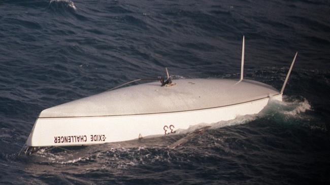 The upturned yacht Exide Challenger, skippered by British yachtsman Tony Bullimore, which capsized southwest of Perth during the Vendee Globe International solo around-the-world race in 1997. Picture: Paul Hutton