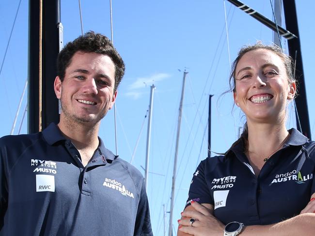 30/08/2024. Paris Olympian Olivia Price with old friend Cole Tapper, photographed on Olivia's Dad's boat at Cruising Yacht Club of Australia, Darling Point in Sydney.  They are both skippers in Australia's first ever women's and youths America's Cups set to be held in Barcelona. Britta Campion / The Australian