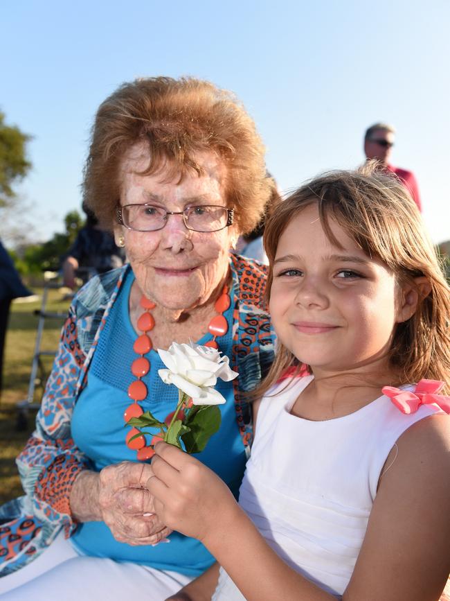 Cecilia Hynes celebrating her 100th birthday on October 10, 2017. Pictured at a tree planting ceremony at the Elizabeth Park Rose Garden in Maryborough with great granddaughter Rose Thomas. Rose shares the same birthday as her great grandmother and was born on the tenth of the tenth of the tenth.