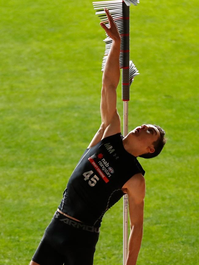 North Adelaide’s Connor Rozee performs the running jump at the AFL Draft Combine at Marvel Stadium. Picture: Michael Willson/AFL Media/Getty Images