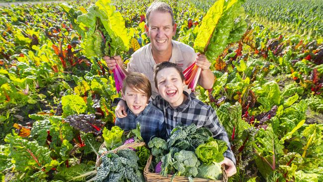 Wayne Shields with sons Oscar 10 and Flynn 12 .Peninsula Fresh have been awarded a $ 300,00 grant from the Coles Nurture fund to transform their irrigation infrastructure.Picture:Rob Leeson