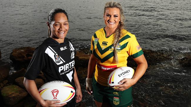 Kiwi Ferns' captain Sarina Fiso and Jillaroos captain Ruan Sims ahead of the women's World Cup. Pic: Brett Costello