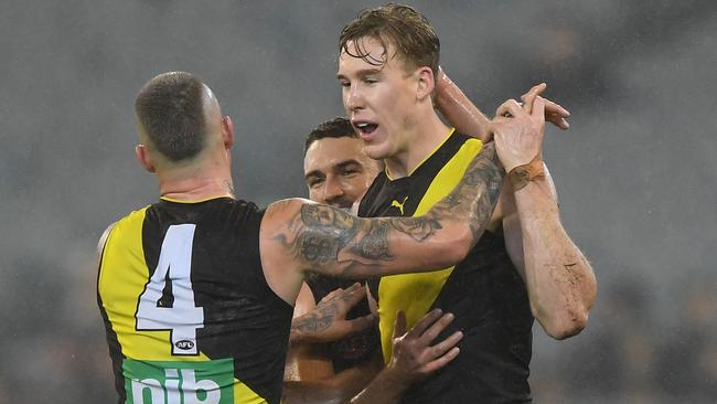 Tom Lynch celebrates a goal with Dustin Martin. Picture: AAP