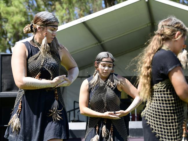 Yellaka: Old Wisdom New Ways traditional dancers perform during the Australian Day Tandanya Survival Day celebrations at MacDonald Park, Semaphore Beach, Adelaide. Picture: AAP