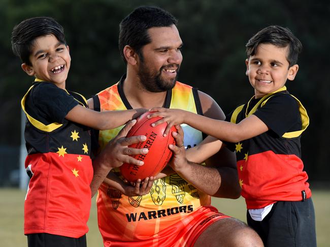 Max Solomon with his two boys, Max jnr, 8, and Jararah, 6. Picture: Kylie Else