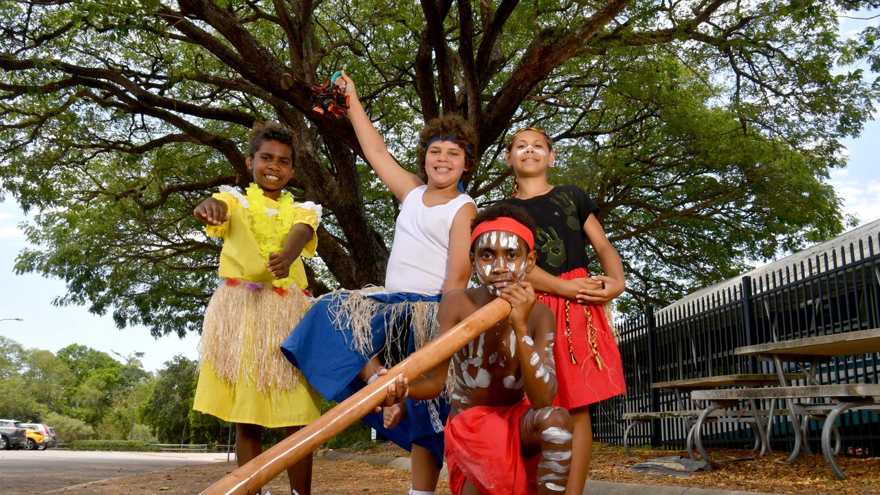 Weir State School Weir Indigenous Didgeridroo and Dance Academy members James Akiba, 10, (front) with Trishna Solomon, 10, Tyce Marou, 9, and Torah Parker, 10. Picture: Evan Morgan