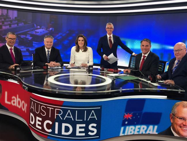 The Federal Election panel on SkyNews - (L-R) Stephen Conroy, Mathias Cormann, Peta Credlin, David Speers, Richard Marles and Graham Richardson. Picture: Supplied by SkyNews
