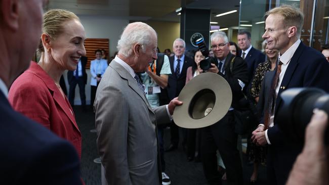King Charles III with co-medical directors Georgina Long (left) and Richard Scolyer (right) as he visits the Melanoma Institute of Australia in 2024. Picture: NewsWire/Pool/David Gray