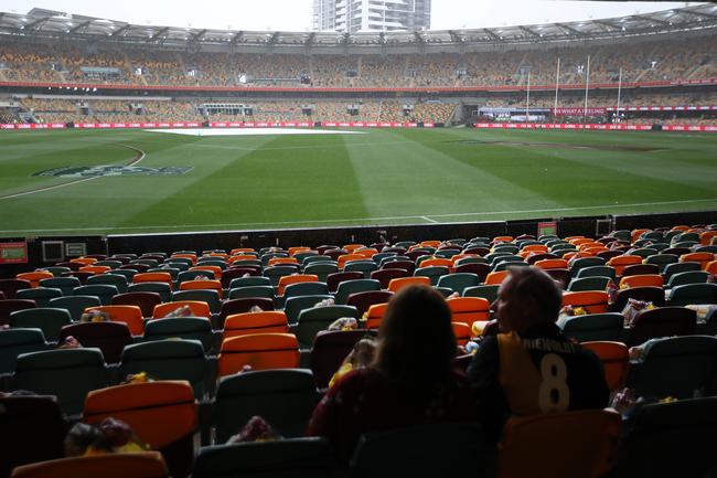 BRISBANE, AUSTRALIA - OCTOBER 24: Rain continues before the 2020 AFL Grand Final match between the Richmond Tigers and the Geelong Cats at The Gabba on October 24, 2020 in Brisbane, Australia. (Photo by Jono Searle/AFL Photos/via Getty Images)