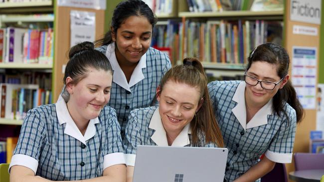 Montgrove College in Orchard Hills is one of the highest performing schools in western Sydney in NAPLAN. Pictured, students Hannah Wilkinson, Malini Perera, Abbie Skene and Gini-Mary McDonald. Pictured: Angelo Velardo