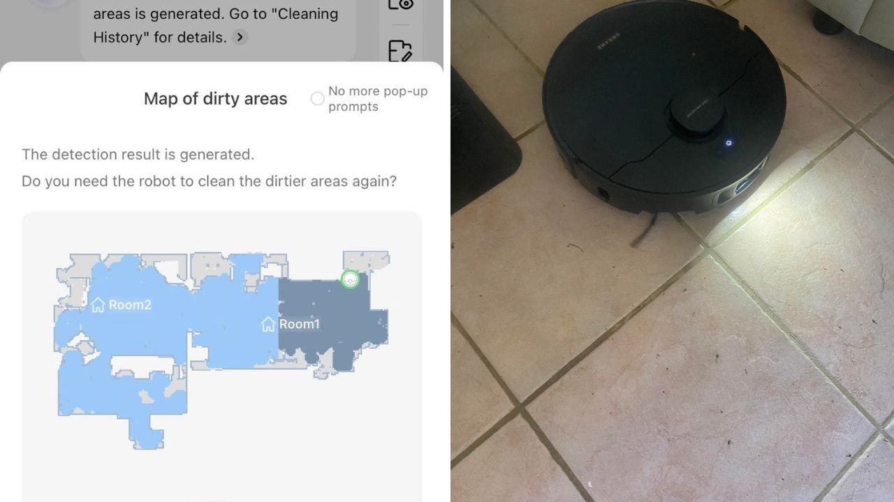 Once a clean is completed a “dirty area” map is generated with a colour code and an option appears to return the robo vac back to those areas if desired. Picture: Erin Doyle