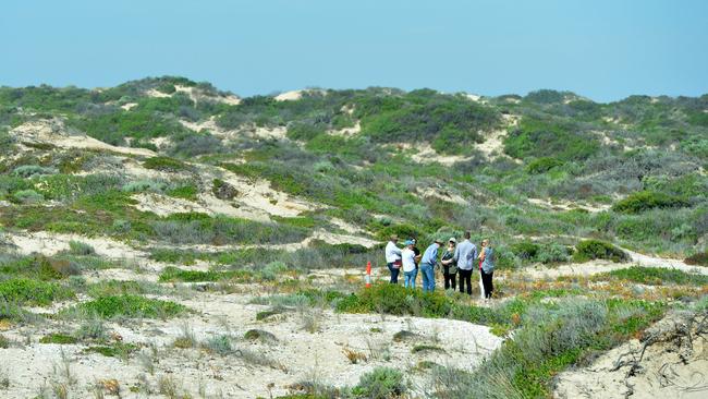 Justice Trish Kelly accompanies prosecution and defence counsel into the Salt Creek sand dunes during last week’s jury view. Picture: Mark Brake.