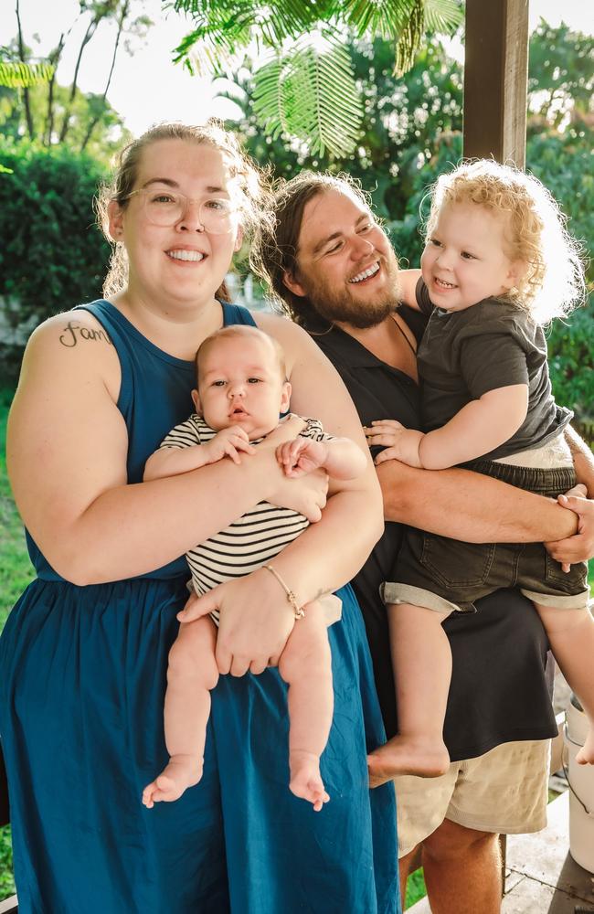 Jaymie and Sam Jenkins with son Wyatt, 3, and baby Mason, 2 months. Picture: William Debois