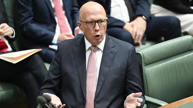 Opposition Leader Peter Dutton tried to pressure the PM to reveal when he new about the caravan plot during Question Time . Picture: NewsWire / Martin Ollman