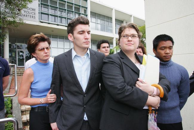 Bronwyn Dullroy, Christopher Dullroy , Nici Schmitt, (soliciter) and Dennis Yates outside the Maroochydore Watch House. Picture: David Thomas