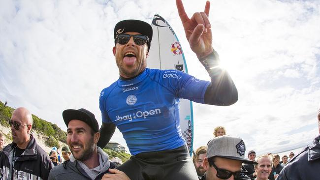 Mick Fanning of Australia (pictured) winning the Final of the JBay Open on Thursday July 7, 2016. PHOTO: © WSL/ Tostee SOCIAL @wsl  This is a hand-out image from  the Association of Surfing Professionals LLC ("World Surf League") for editorial use only. No commercial rights are granted to the Images in any way. The Images are provided on an "as is" basis and no warranty is provided for use of a particular purpose. Rights to individuals within the Images are not provided. The copyright is owned by World Surf League. Sale or license of the Images is prohibited. ALL RIGHTS RESERVED.