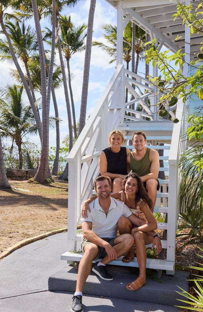 Sophie Dillman, Patrick O’Connor, Emily Weir, and Tristan Gorey filming Home and Away at Bowen Beach House. Photo: Jeremy Greive