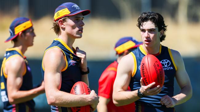 Crows draftees Daniel Curtin and Charlie Edwards at their first training run. Picture: James Elsby