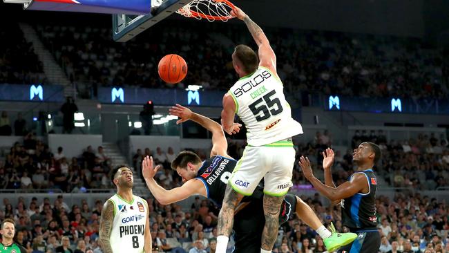 Creek completes his slam dunk on United star Matthew Dellavedova. Picture: Getty Images