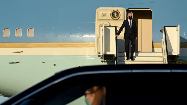 US President Joe Biden arrives at Melsbroek Military Airport, near Brussels on June 13, 2021, for two days of summits with the G7. Picture: AFP