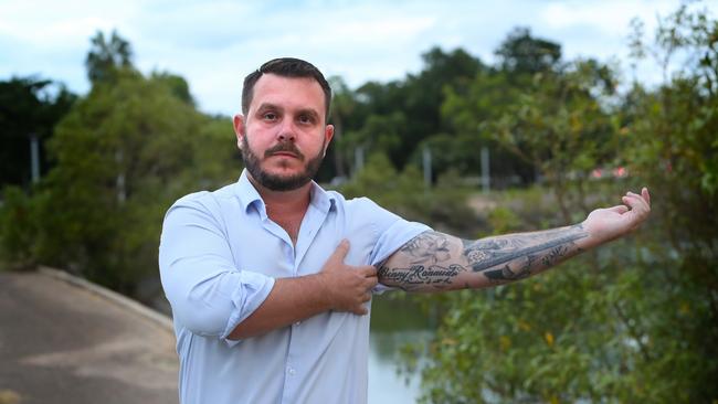 Phillip Thompson got a tattoo of his mate’s name Benny Ranaudo after he was killed in action in Afghanistan in 2009. Picture Kym Smith